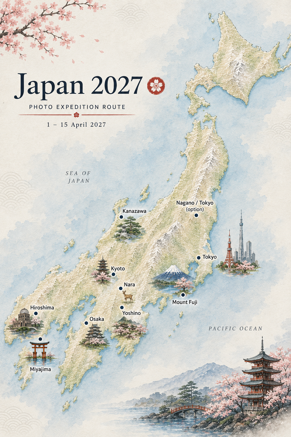 Akvarelová mapa Japonska s vyznačenými zastávkami fotografické cesty v dubnu 2027.